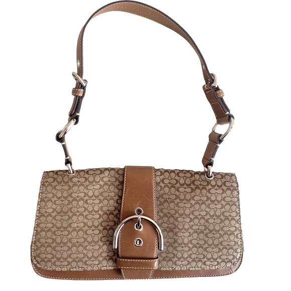 COACH Mini Signature 7075 Beige Leather Canvas Flap Shoulder Bag Authentic - Picture 2 of 16